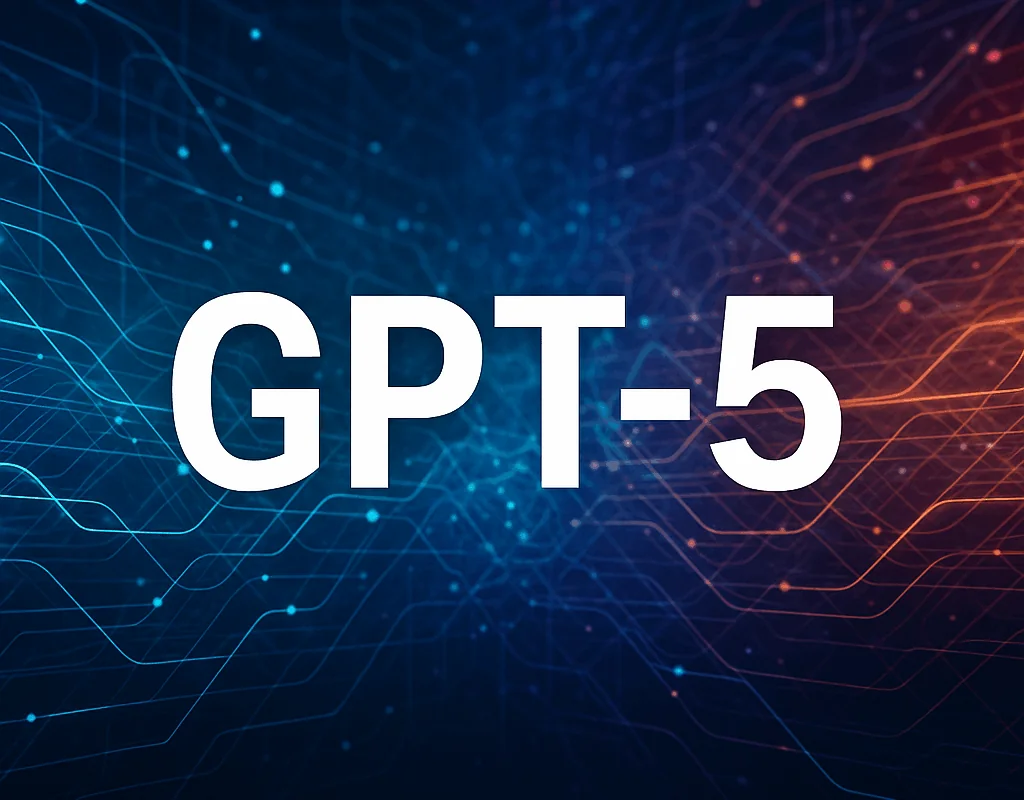 GPT-5 title over an abstract neural network background with blue and orange glowing lines