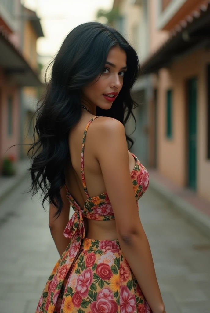 A beautiful Mexican girl, with long hair and a motley dress