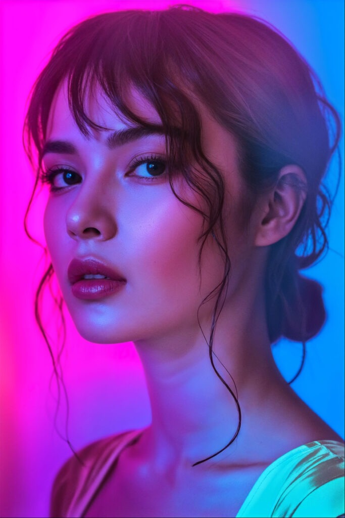 Elegant AI female portrait in vibrant pink and blue neon colors – digital beauty from AI