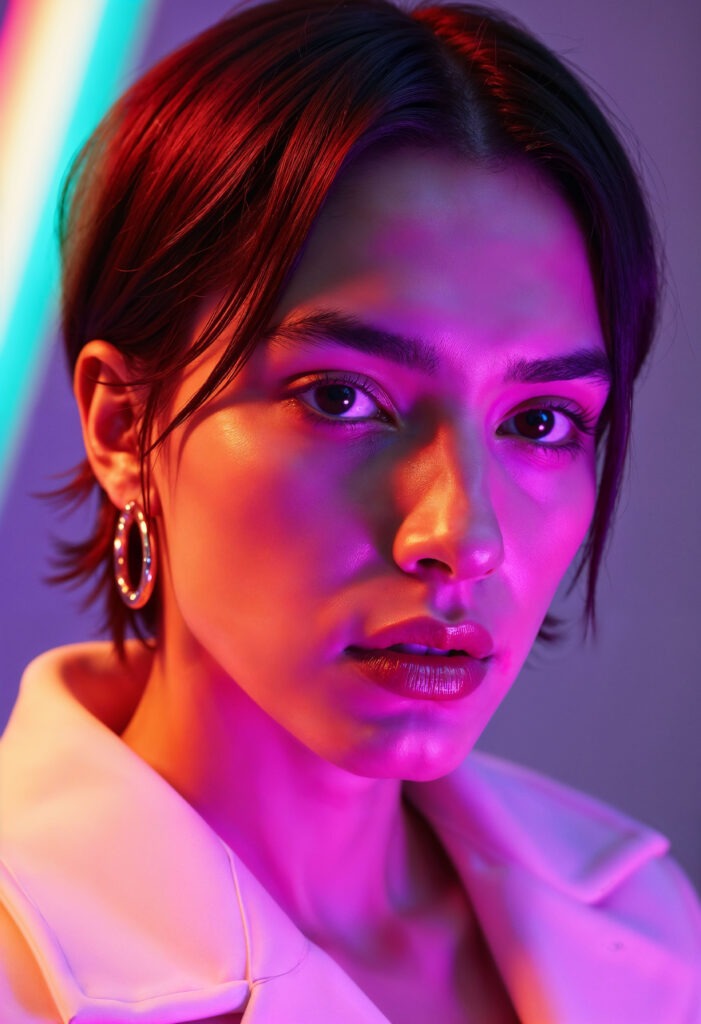 AI-generated portrait of a beautiful woman with short dark hair in pink and blue neon lighting – AI girl, digital beauty