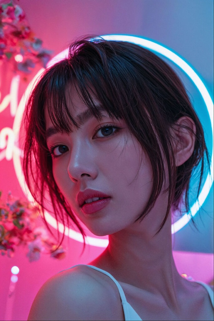 Beautiful AI-generated Asian girl with soft expression and neon circle background – AI women aesthetic