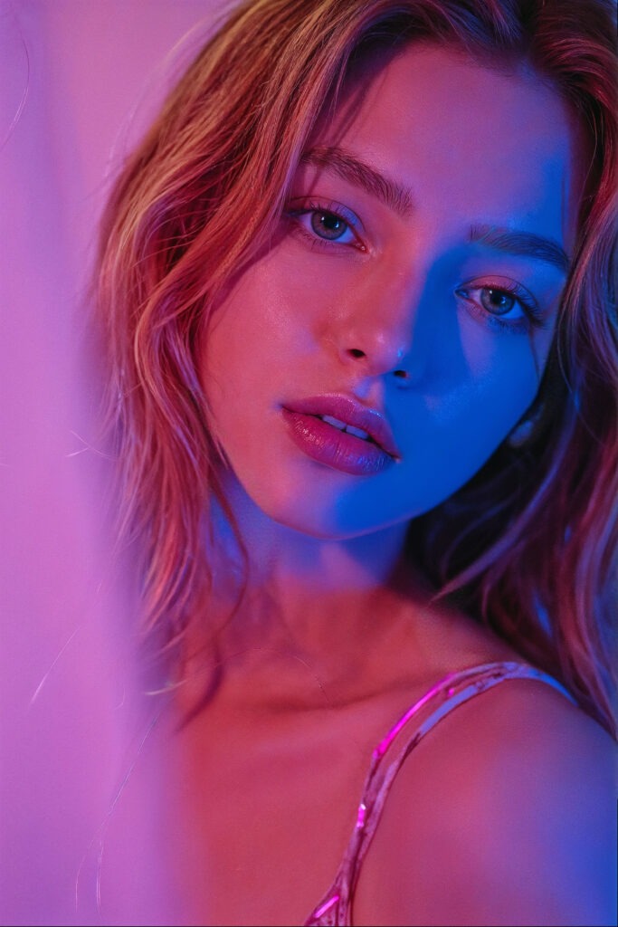 AI girl with wavy blonde hair in vivid purple and blue neon ambiance – beautiful woman rendered by AI