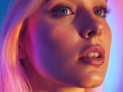 AI-generated blonde girl with blue eyes and glowing skin in sunset-toned neon light – cute girl portrait