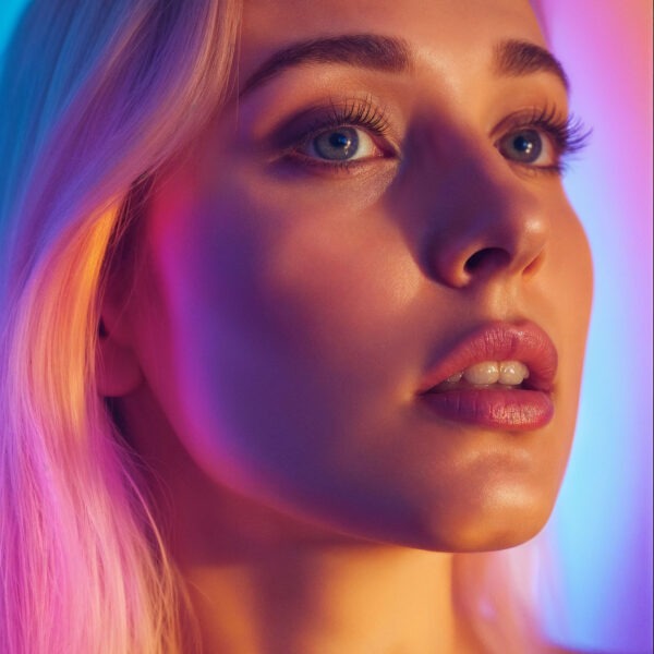 AI-generated blonde girl with blue eyes and glowing skin in sunset-toned neon light – cute girl portrait