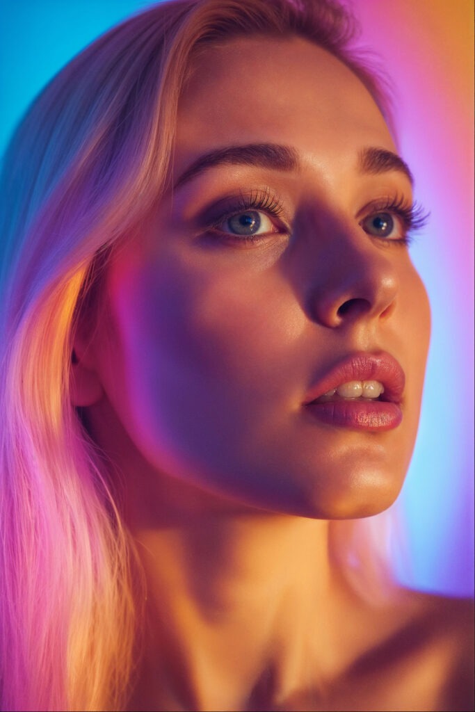 AI-generated blonde girl with blue eyes and glowing skin in sunset-toned neon light – cute girl portrait